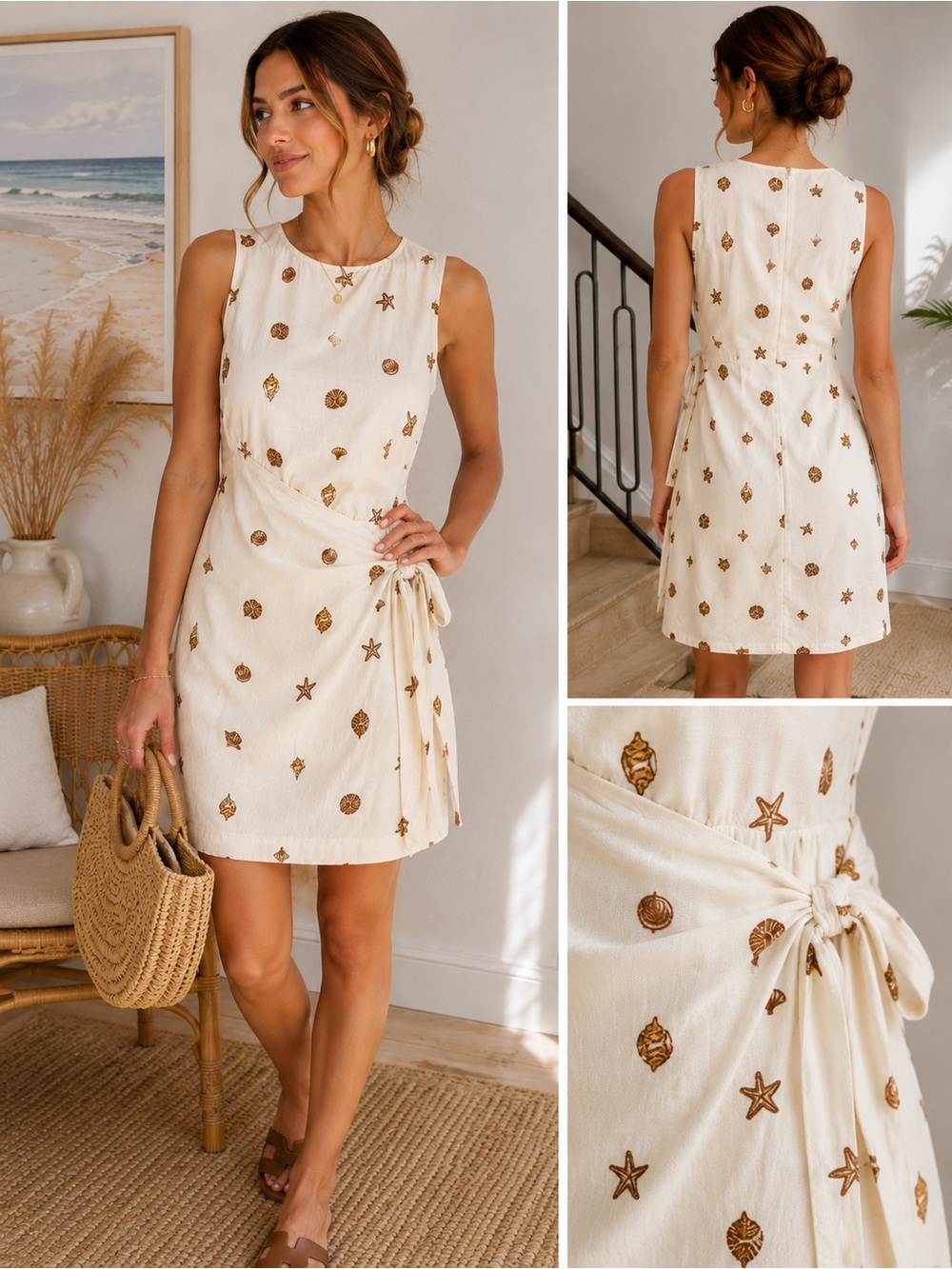 SugarLips Coastal Shell Print Wrap Dress XS Beachy Nautical Linen Look